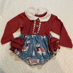 Marie Nicole Burgundy Llama Ruffle Bottom Bubble One Piece 12-18 Months Buttons